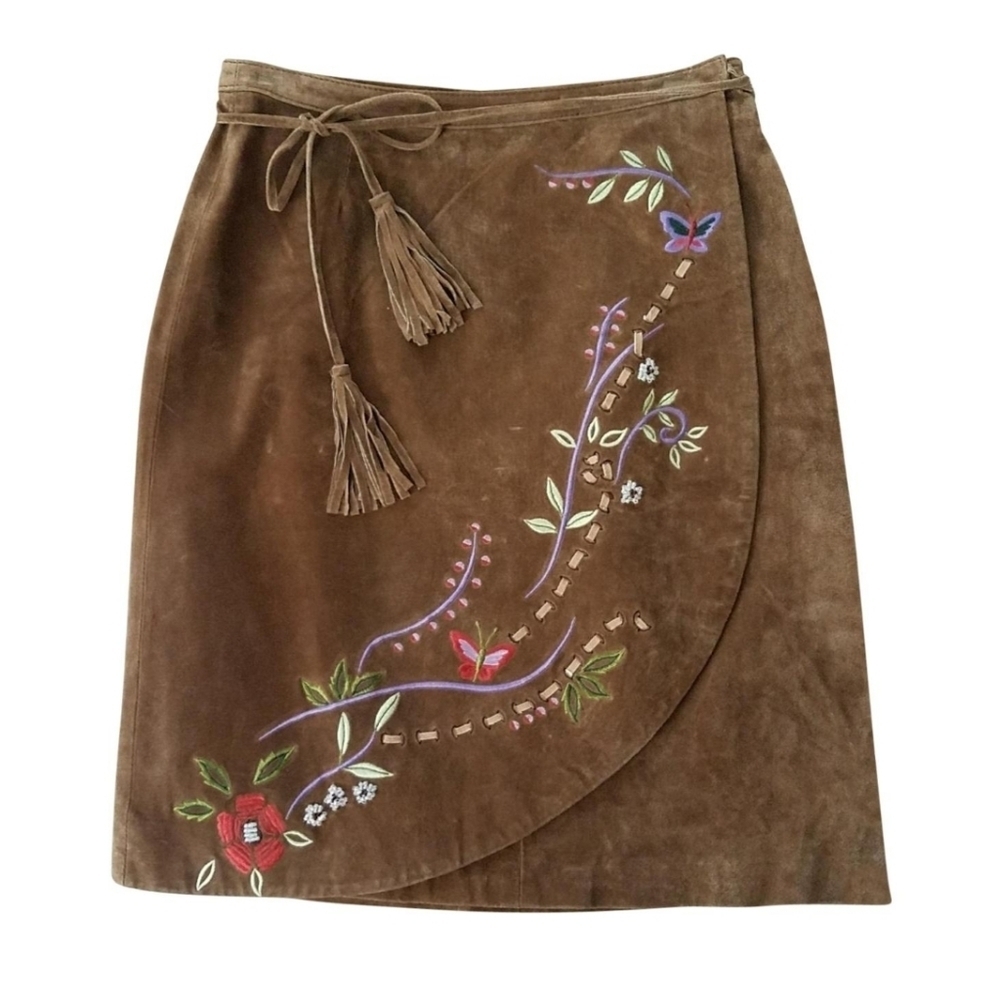 Vintage Brandon Thomas Brown Suede Embroidered Wrap Skirt‎